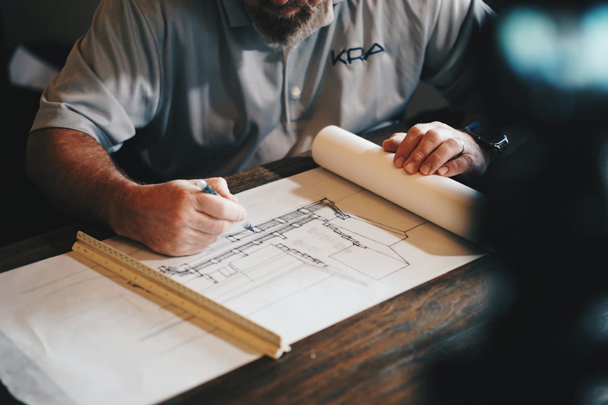 Hands drawing on an architectural plan with a pencil and a scale rule