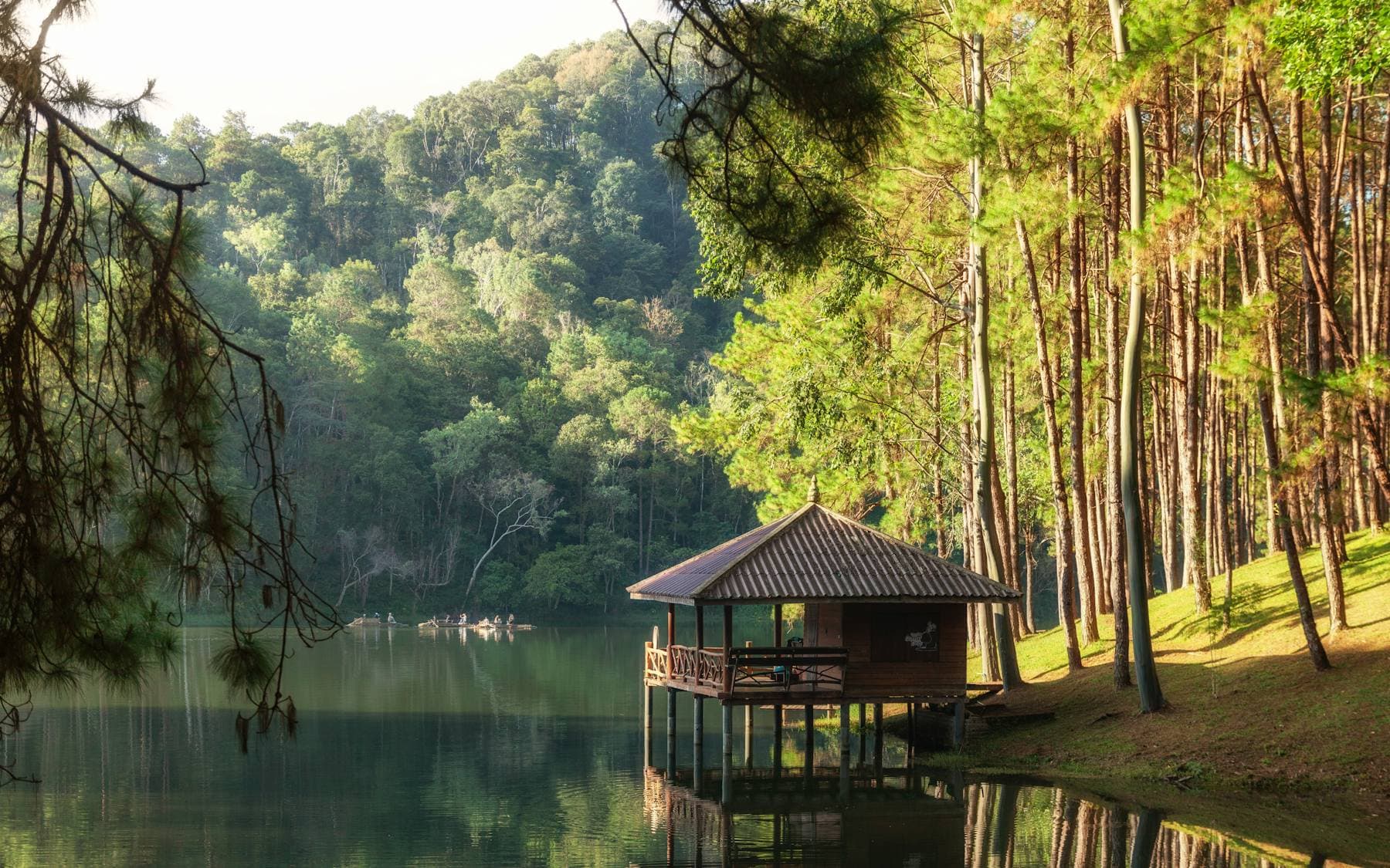 A small wooden pavilion on stilts at the edge of a still green lake, under tall pines lit by low sun