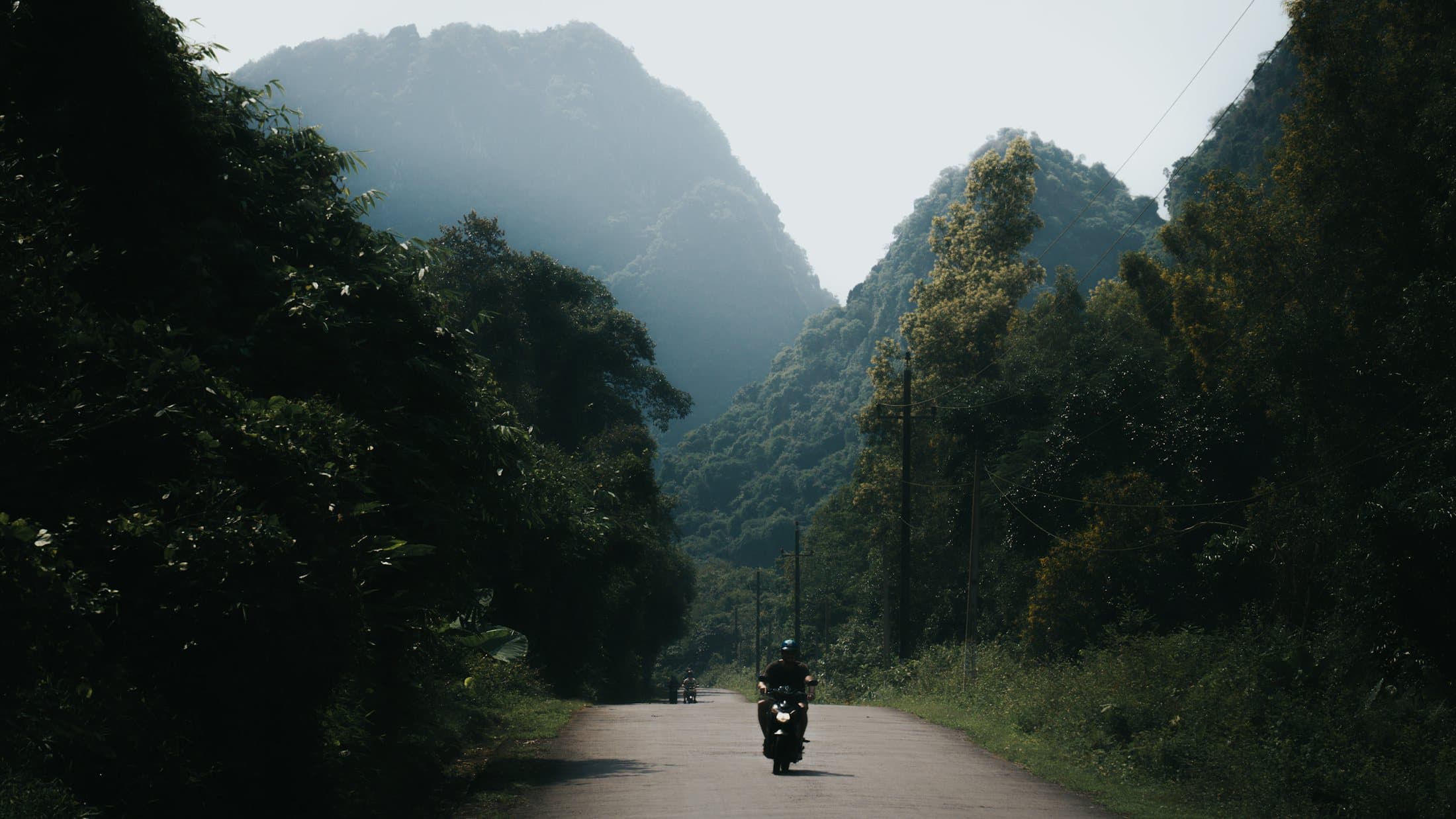 A lone rider on a motorbike coming down a narrow road between dark forest walls, with limestone peaks rising into haze behind