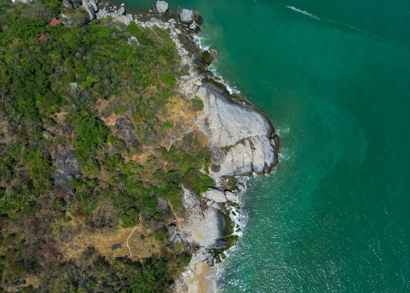 A rocky, forested headland seen from the air, with green sea washing around it