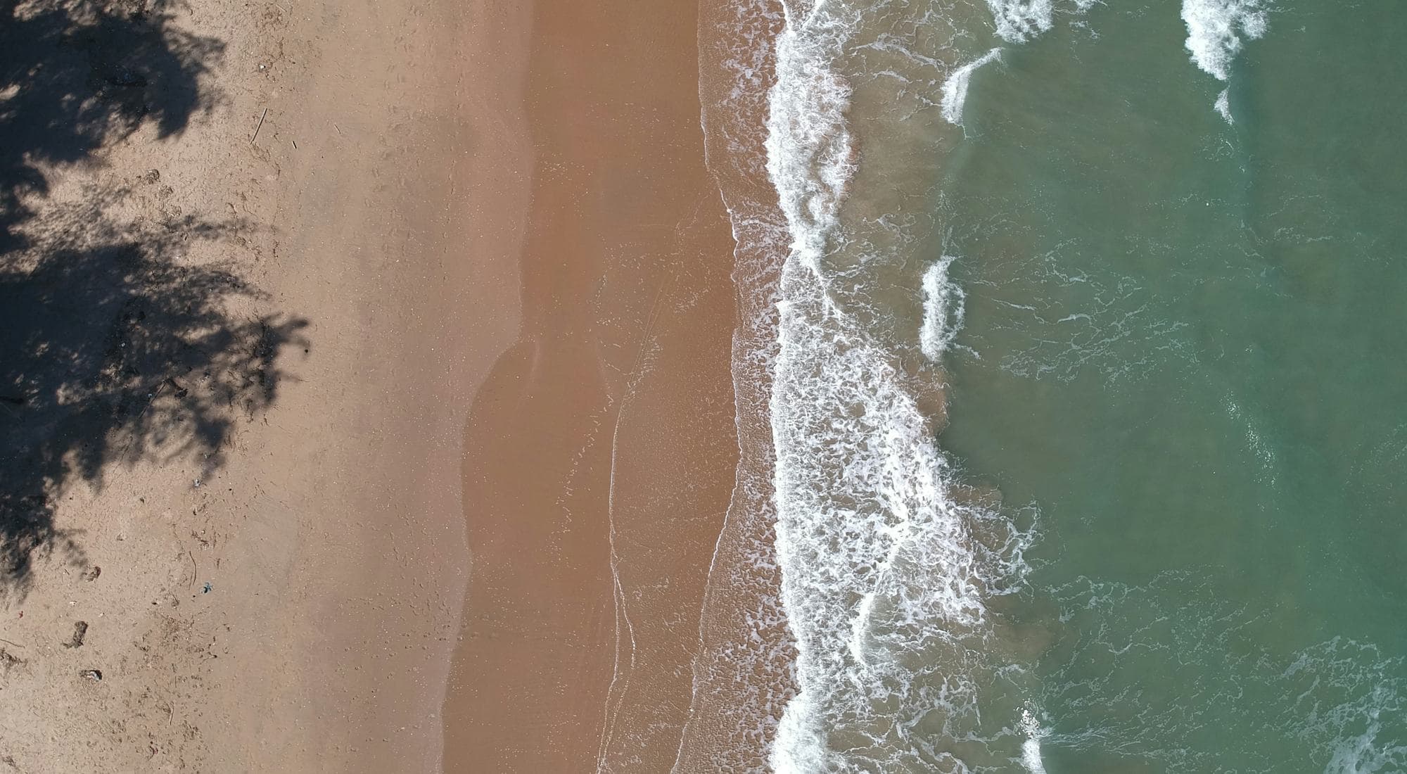 Waves running up a sandy beach, seen from directly above